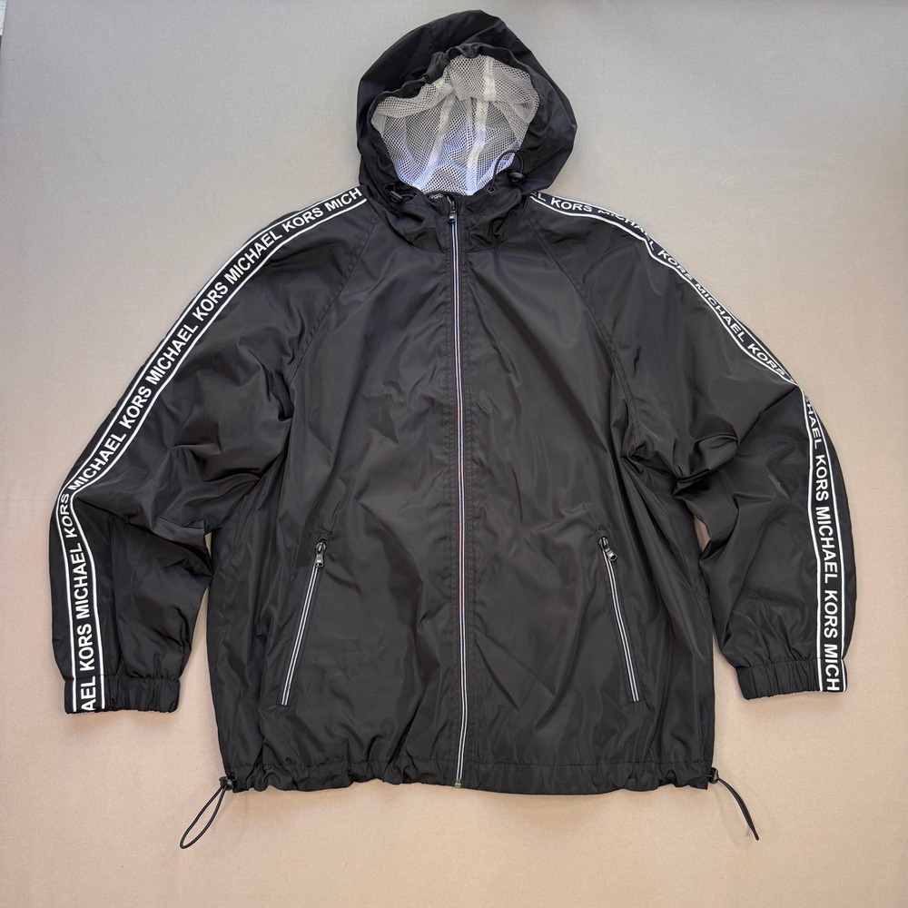 Michael Kors Womens XL Black Logo Tape Hooded Windbreaker Full Zip Jacket